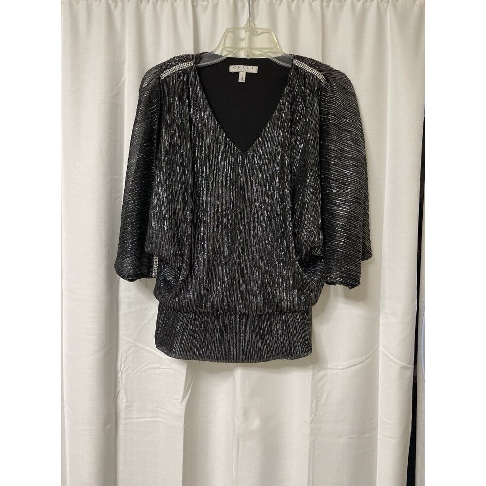 Chaus New York Metallic Disco Silver Split Sleeve Holiday Blouse Size Small